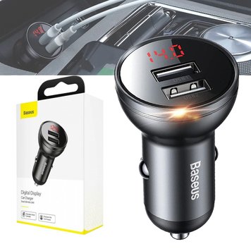 Автомобільний адаптер Baseus Digital Display Dual USB 4.8A Car Charger 24W CCBX-0G фото